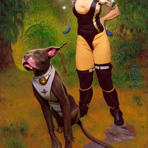 Image similar to a female pitbull dogwoman in starfleet uniform at night in a dark forest. zootopia fursona furaffinity furry art detailed face painting by gaston bussiere craig mullins jc leyendecker gustav klimt artgerm greg rutkowski furry