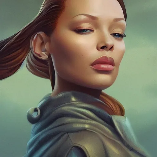 Image similar to a beautiful scenic painting of a beautiful young woman that looks like rebecca ferguson by artgerm and wlop and wes anderson and spike jonze