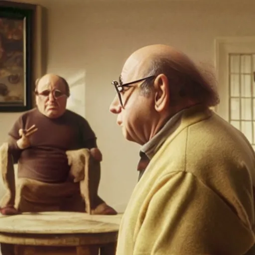 Prompt: danny devito standing next to a chair shaped like an egg, renaissance painting, masterpiece