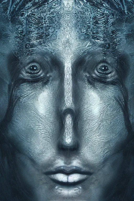 Image similar to very dark underwater portrait of a Mayan face, with (reaction diffusion) scaled fish skin. face closeup. long intricate dark hair, with Bioluminescent jellyfish. very high detail, illustration, trending on artstation