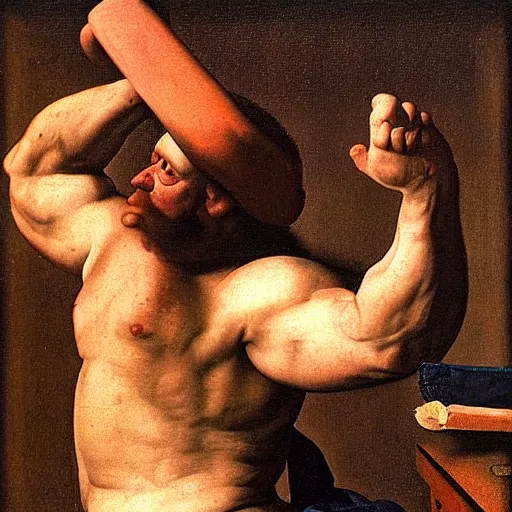 Prompt: A muscle man flexing his muscles, 8k, detailed, by Johannes Vermeer