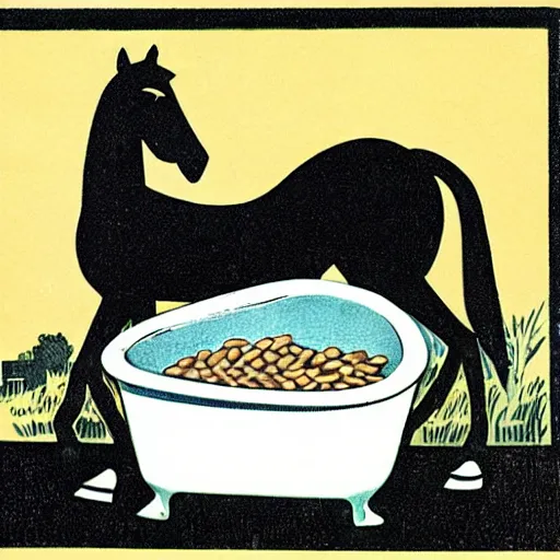 Image similar to vintage 1 9 5 0 s illustration of a horse sitting in a tub full of baked beans