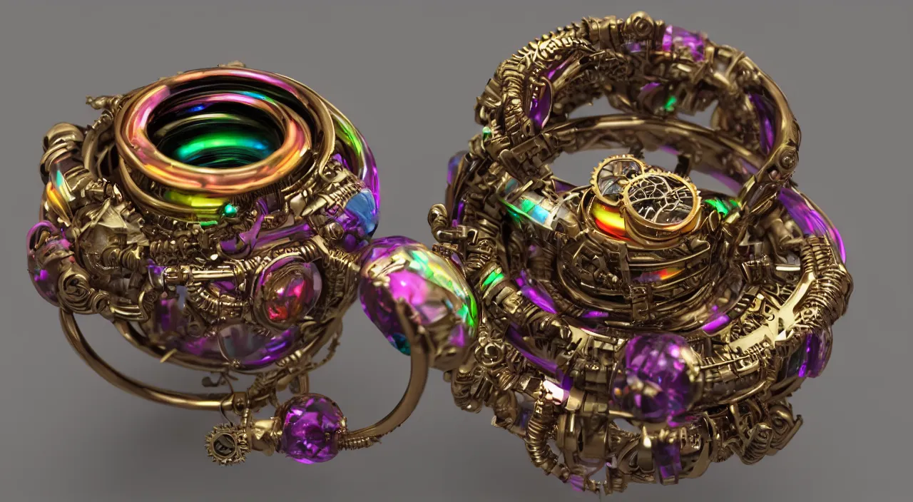 Image similar to a steampunk ring with rainbow colours, macro photography, F/2.8, trending on artstation, octane render