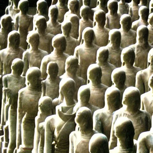 Prompt: Beautiful colored-photo cameraphone 2005 soft liminal Photograph of army of statues