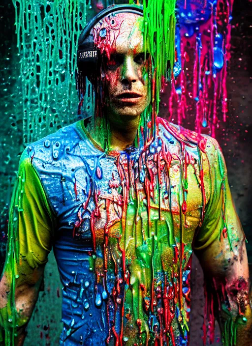 Image similar to beautiful 3 5 mm photograph of a slimy rotting zombie cop covered in colorful wet goop, dripping with colorful liquid, policeman, cop, biocop, intricate details, dark ambient, service cap, atmospheric, movie poster, poster, horror, elegant, super highly detailed, professional digital photo, artstation, concept art, 8 k