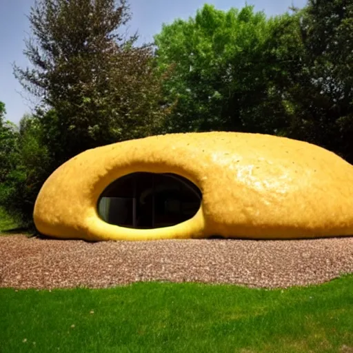 Prompt: a house that looks like a hamburger, with a human living inside