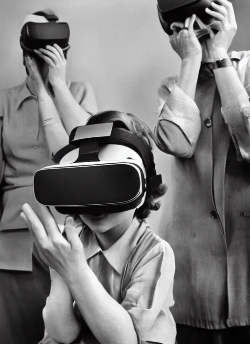 Prompt: 1 9 5 0 people using a vr headset by vivian maier. professional photography.