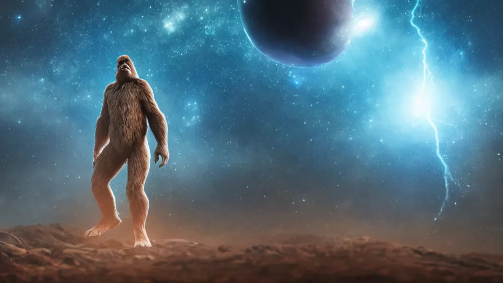 Image similar to bigfoot walking on a planet. close bottom view. whole body. nebula background. cinematic composition. cinematic lightning. ultra realistic. 8 k. highly detailled. deep space. ultra realistic details. cinematic atmosphere. studio lighting. shadows. dark background.