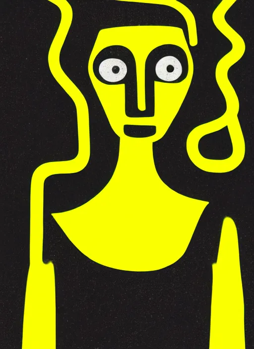 Image similar to highly detailed closeup portrait of wasteland long glowing yellow and white plasma hair cute happy tribal lady, stray electric spark wiring by jean jullien, 4 k resolution, gradient yellow, black and white color scheme!!! ( ( dystopian city background ) )