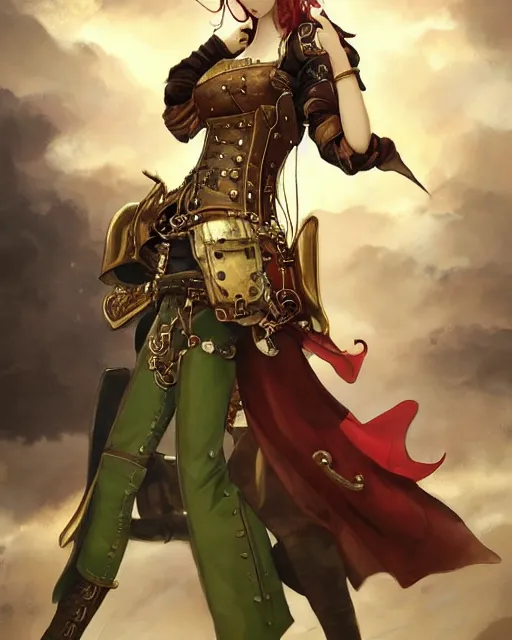 Image similar to a beautiful 2D illustration of a young female steampunk pirate wearing leather armor on gold and red trimmings on green, by Charlie Bowater, tom bagshaw, Artgerm and Lois Van Baarle, very cool pose, pirate ship with an epic sky background, slightly smiling, cinematic anime lighting and composition, fantasy painting, very detailed, ornate, trending on artstation and pinterest, deviantart, google images