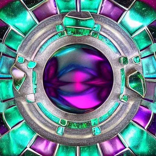 Image similar to abstract fractal shapes of various colors of emerald jewels and diamond and silver on mirror ground, beautiful abstract sculpture with realistic render, high definition, octane, unreal 5, 3 d reflections