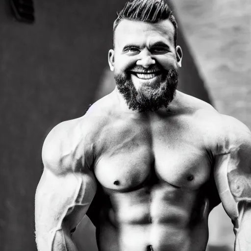 Prompt: Black and white photography of a very muscular shrek smiling with a chiseled jawline and trimmed beard