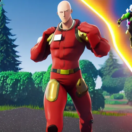 Image similar to one punch man in fortnite, character render, full body shot, highly detailed, in game render