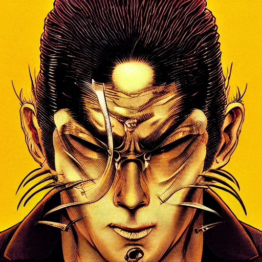 Prompt: portrait closeup of crazy yakuza man, symmetrical, by yoichi hatakenaka, masamune shirow, josan gonzales and dan mumford, ayami kojima, takato yamamoto, barclay shaw, karol bak, yukito kishiro