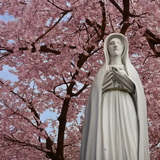 Prompt: vintage polaroid of white mother mary statue, pictured close and slightly from below, sky with clouds and a cherry tree in background