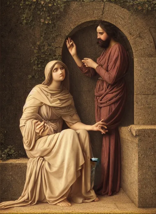 Prompt: beautiful art portrait by John William Godward and Anna Dittman depicting jesus and the samaritan woman at the well in the judean countryside, evening, atmospheric lighting, intricate detail, cgsociety, hyperrealistic, octane render, ambient light, dynamic lighting