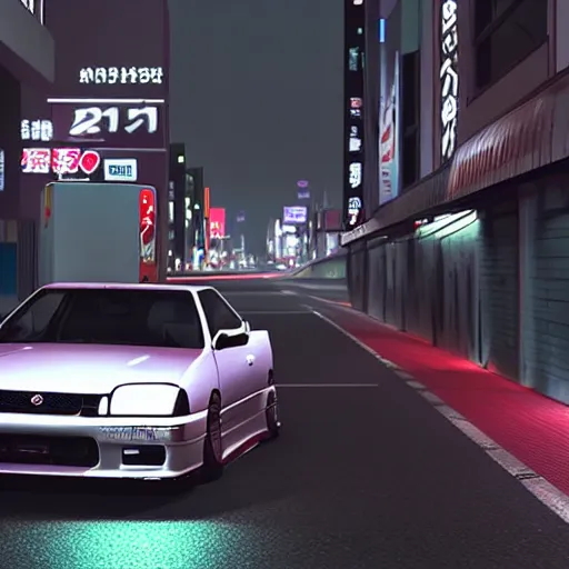 Image similar to a nissan skyline r 3 2 drifting in the japanese streets at night, 3 d render, realism, octane render, synthwave, highly detailed