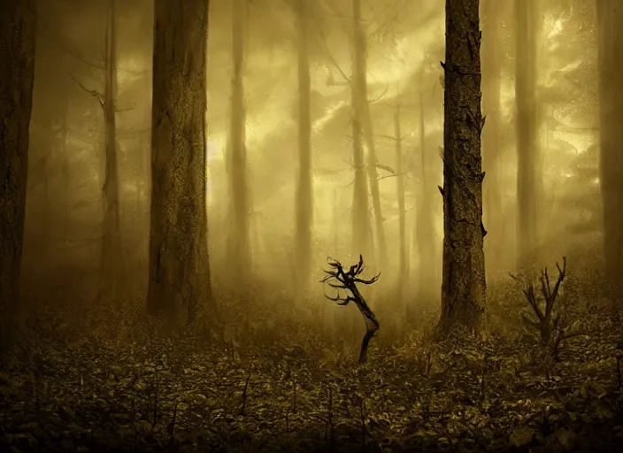 Prompt: an incredibly scary and very very unique creative monster of the forest, ancient folk legend, hyperrealistic concept art, sepia photography in the forest
