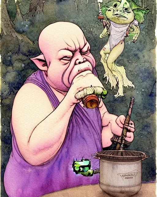 Image similar to a realistic and atmospheric watercolour fantasy character concept art portrait of a fat dirty yoda smoking a bong with pink eyes wearing a wife beater. by rebecca guay, michael kaluta, charles vess and jean moebius giraud