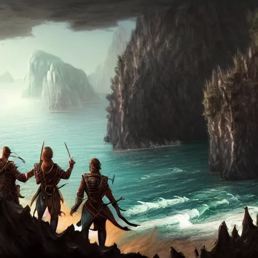 Image similar to D&D adventuring party facing away on cliff overlooking half-sunk realistic ship, naval background, portrait, magic the gathering artwork, D&D, fantasy, cinematic lighting, centered, symmetrical, highly detailed, digital painting, artstation, concept art, smooth, sharp focus, illustration, volumetric lighting, epic Composition, 8k, art by Akihiko Yoshida and Greg Rutkowski and Craig Mullins, oil painting, cgsociety