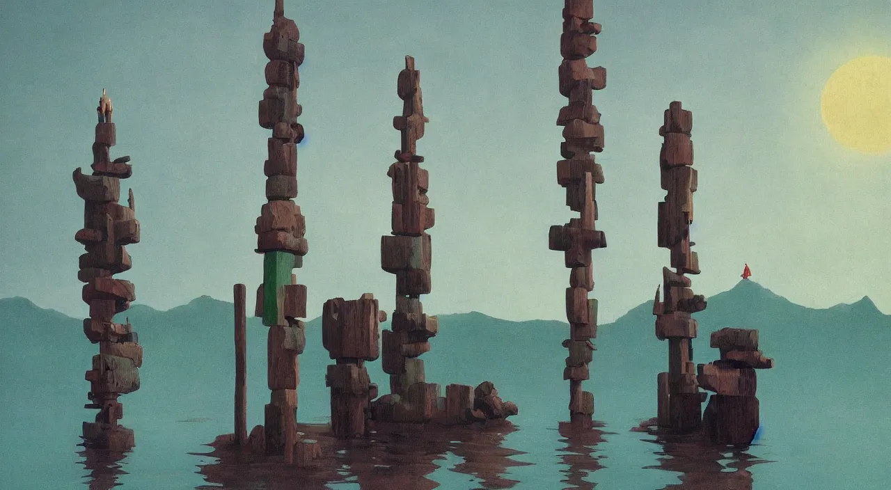 Image similar to single flooded simple wooden totem tower, very coherent and colorful high contrast!! masterpiece by rene magritte simon stalenhag carl spitzweg syd mead norman rockwell edward hopper james gilleard, minimalist, dark shadows, sunny day, hard lighting