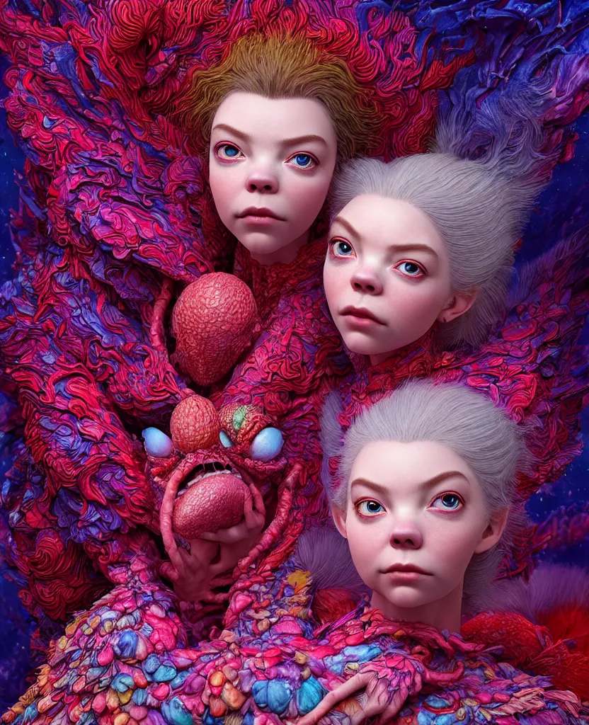 Image similar to hyper detailed 3d render like a Oil painting - kawaii portrait of two Aurora (a beautiful skeksis muppet fae princess protective playful expressive from dark crystal that looks like Anya Taylor-Joy) seen red carpet photoshoot in UVIVF posing in scaly dress to Eat of the Strangling network of yellowcake aerochrome and milky Fruit and His delicate Hands hold of gossamer polyp blossoms bring iridescent fungal flowers whose spores black the foolish stars by Jacek Yerka, Ilya Kuvshinov, Mariusz Lewandowski, Houdini algorithmic generative render, golen ratio, Abstract brush strokes, Masterpiece, Edward Hopper and James Gilleard, Zdzislaw Beksinski, Mark Ryden, Wolfgang Lettl, hints of Yayoi Kasuma and Dr. Seuss, octane render, 8k