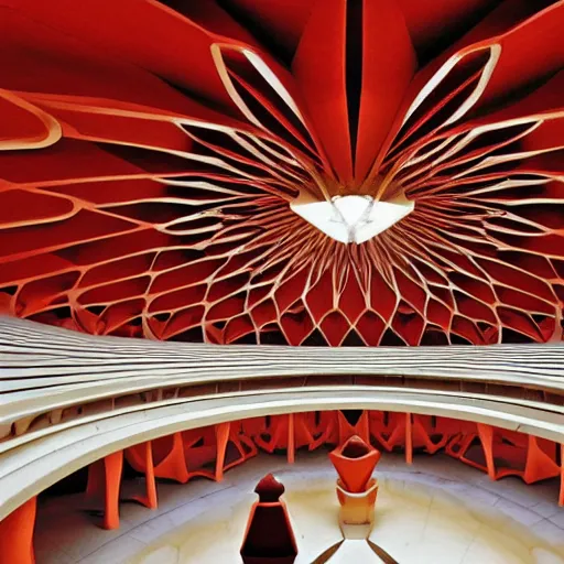 Image similar to interior of a futuristic lotus temple with gold, red and white marble panels, in the desert, by buckminster fuller and syd mead, intricate contemporary architecture, photo journalism, photography, cinematic, national geographic photoshoot