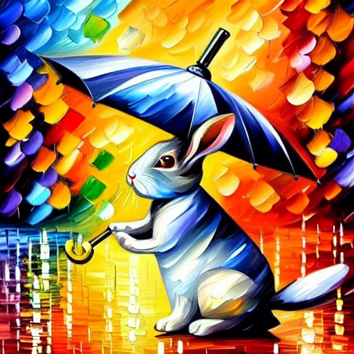 Prompt: rabbit with an umbrella in the rain looks at the pocket watch, by leonid afremov