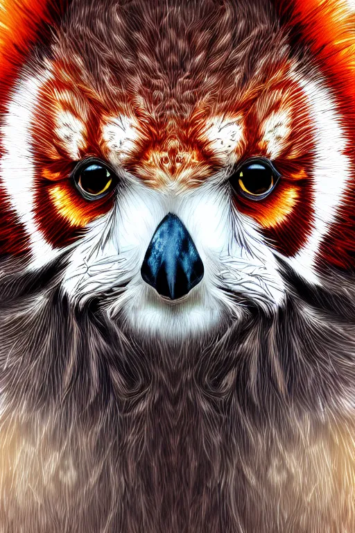 Image similar to an owl red panda hybrid, symmetrical, highly detailed, digital art, sharp focus, trending on art station