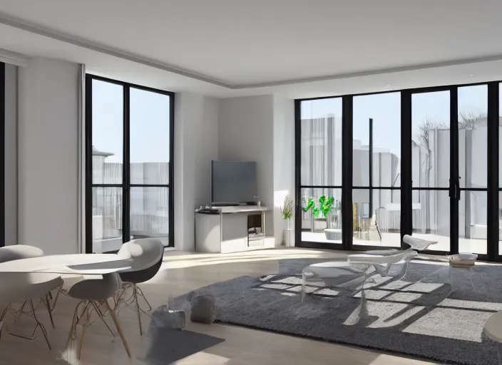 Prompt: 3 d render of a modern open plan apartment interior, floor to ceiling windows, 4 k