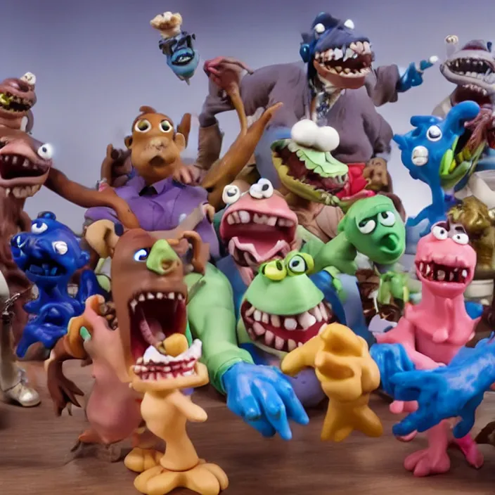 Image similar to jeff koons style street sharks in wallace & gromit claymation