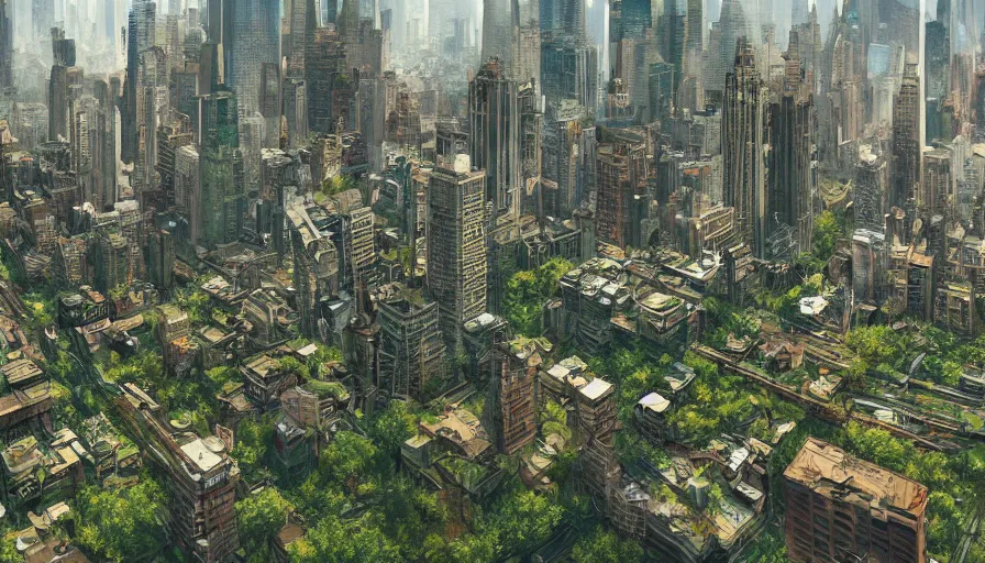 Image similar to New York City abandoned for years and covered by vegetation, hyperdetailed, artstation, cgsociety, 8k