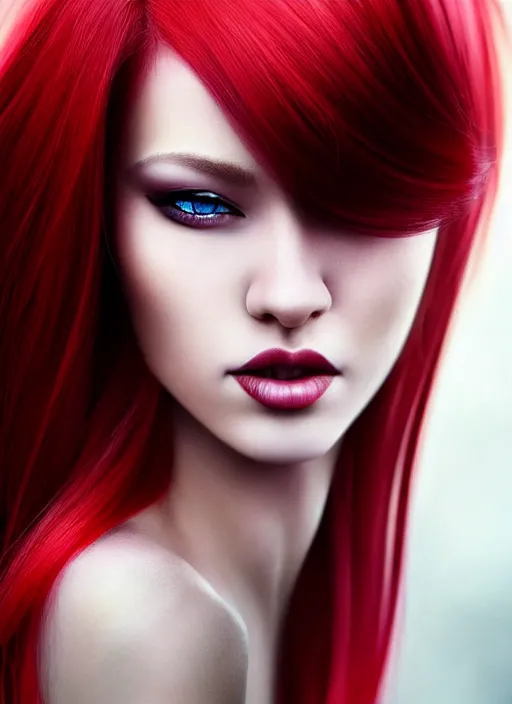 Prompt: photo of gorgeous woman with her right die hair dyed red and left side hair white in the style of stefan kostic, realistic, half body shot, sharp focus, 8 k high definition, insanely detailed, intricate, elegant, art by stanley lau and artgerm, foggy backgeound