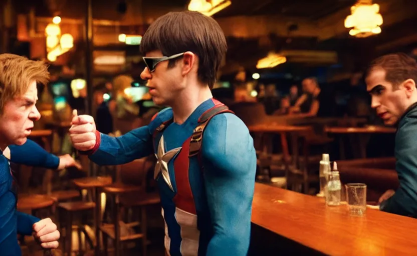 Image similar to cinestill 5 0 d candid photographic portrait by helen levitt of elton john fighting captain america in hand - to - hand combat, modern, moody, emotional cinematic, in a bar, 8 k, hd, high resolution, 3 5 mm, f / 3 2, ultra realistic faces, ex machina