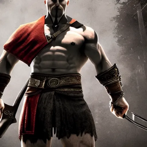 Image similar to kratos wearing hitman's suit holding double deagle