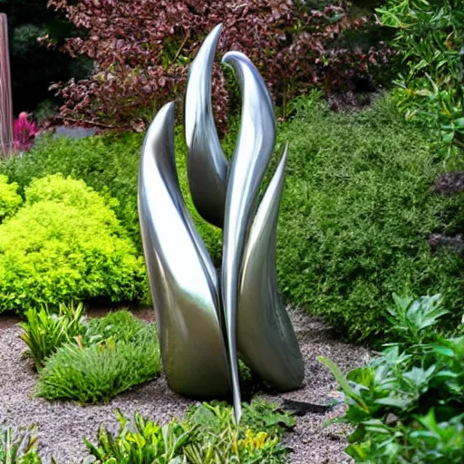 Image similar to A liquid metal sculpture in the middle of a luscious garden