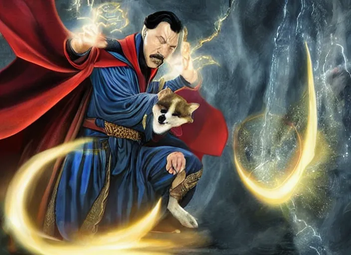 Prompt: dr. strange casting a shield spell in the metaverse with a shiba inu at his feet, hyper realistic, highly detailed, perfect face, smooth, focus, digital art, cinematic