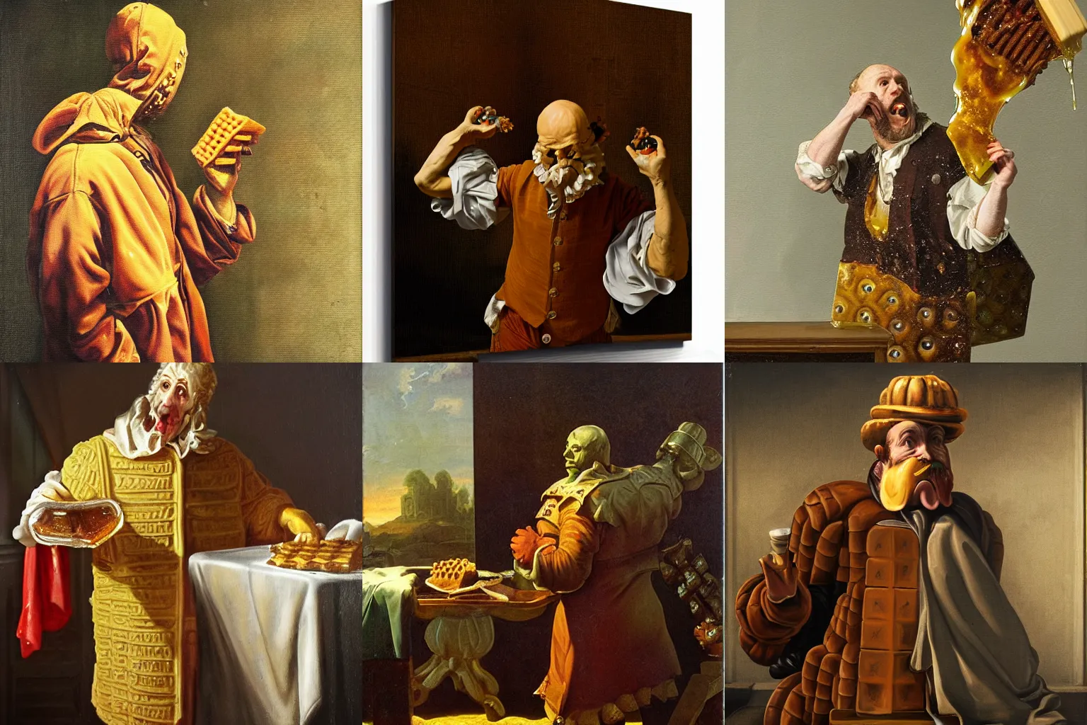 Prompt: waffle man baroque painting, dripping syrup