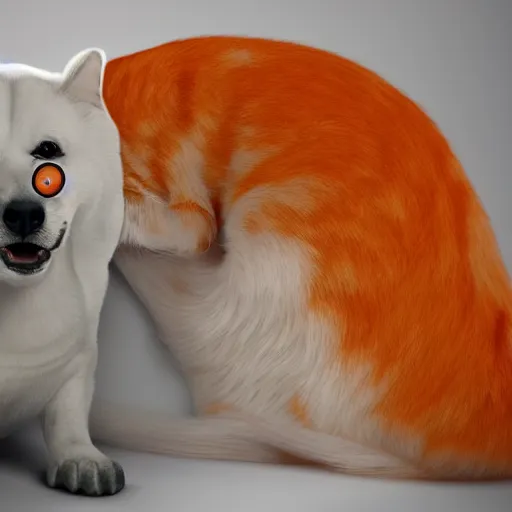 Image similar to an orange cat grinning widely at a white dog. photograph. digital art.