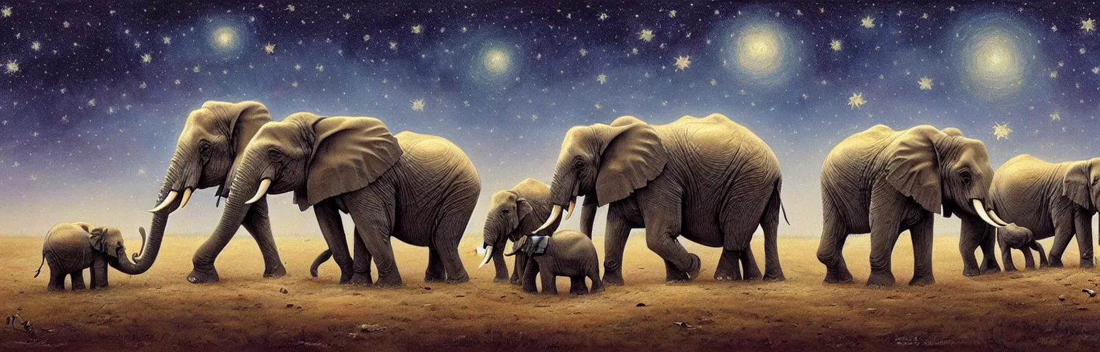 Image similar to two adult elephants and a baby elephants sleeping soundly under a starry sky, small group, surrounded by savannah, illustration, detailed, smooth, soft, warm, by Adolf Lachman, Shaun Tan, Surrealism