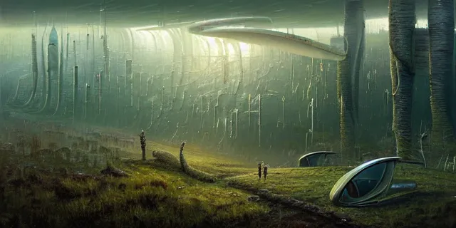 Prompt: painting group of sci - fi adventures searching birch trees forest for crashed ship by tomasz alen kopera and cornelius dammrich with futuristic city scape ion the distance by eddie jones and simon stahlenhag