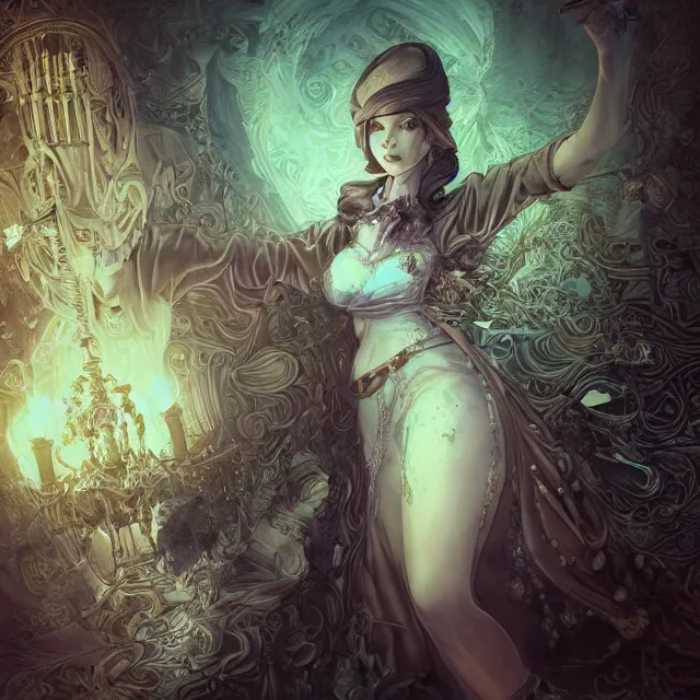 Image similar to the portrait of the lawful evil sorceress lawyer as an absurdly beautiful, graceful, elegant, sophisticated, woman, an ultrafine hyperdetailed illustration by kim jung gi, irakli nadar, intricate linework, bright colors, octopath traveler, final fantasy, unreal engine 5 highly rendered, global illumination, radiant light, detailed and intricate environment