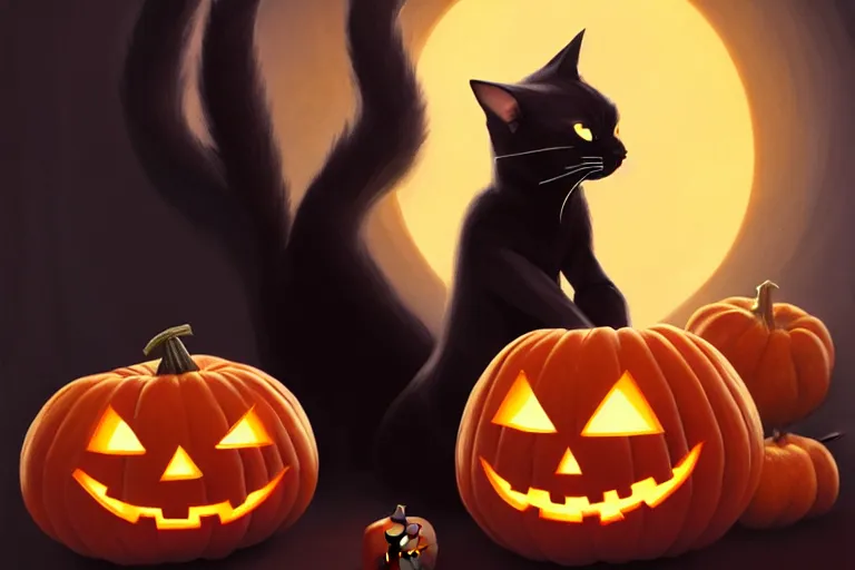 Image similar to portrait of black cat standing next to a jack - o - lantern, halloween night, charlie bowater, artgerm, ilya kuvshinov, krenz cushart, ruan jia, realism, ultra detailed, 8 k resolution