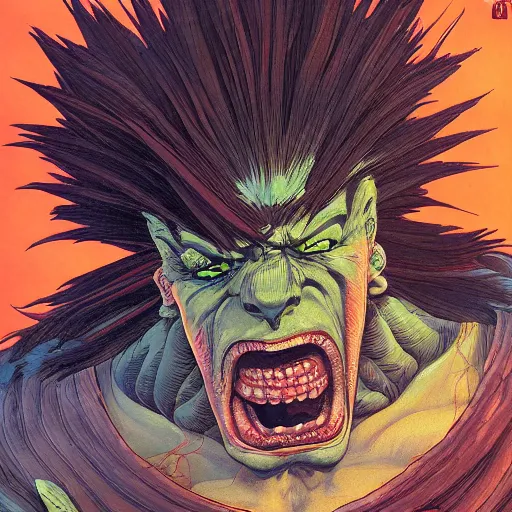 Image similar to portrait closeup of crazy blanka, symmetrical, cinematic colors, by yoichi hatakenaka, masamune shirow, josan gonzales and dan mumford, ayami kojima, takato yamamoto, barclay shaw, karol bak, yukito kishiro