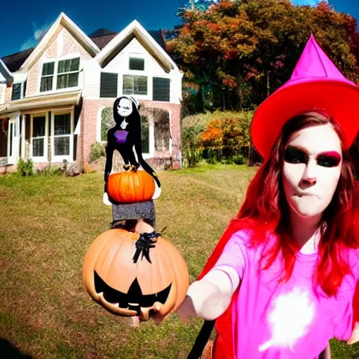 Prompt: A selfie of a woman trick or treating with a demon, fisheye lens photography, with a spooky filter applied, with a figure in the background, in a Halloween style.