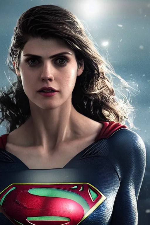 Image similar to a fancy close up of Man of Steel cast as Alexandra Daddario by Greg Rutkowski, Sung Choi, Mitchell Mohrhauser, Maciej Kuciara, Johnson Ting, Maxim Verehin, Peter Konig, 8k photorealistic, cinematic lighting, HD, high details, dramatic, trending on artstation, full body shot