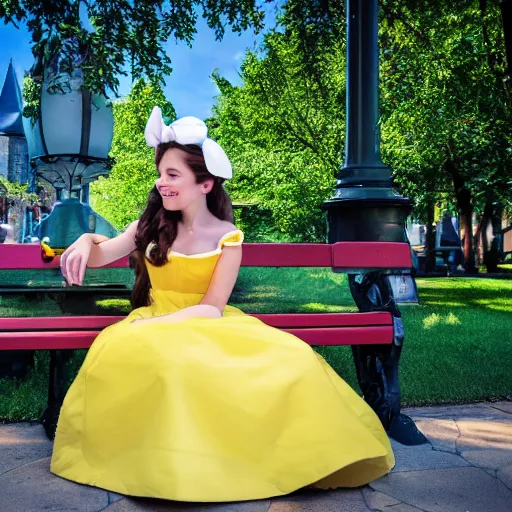 Image similar to Belle from Disney's Beauty and the Beast playing with an iPhone while sitting on a bench in a park. She has on a white summer dress with yellow accents and a blue ribbon in her hair.