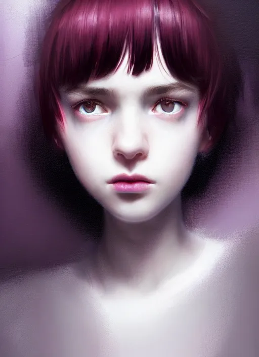 Image similar to portrait of teenage girl, red irises, bangs, black and white hair, white bangs, purple clothes, white bangs, bangs, black hair and white bangs, intricate, elegant, glowing lights, highly detailed, digital painting, artstation, concept art, smooth, sharp focus, illustration, art by wlop, mars ravelo and greg rutkowski