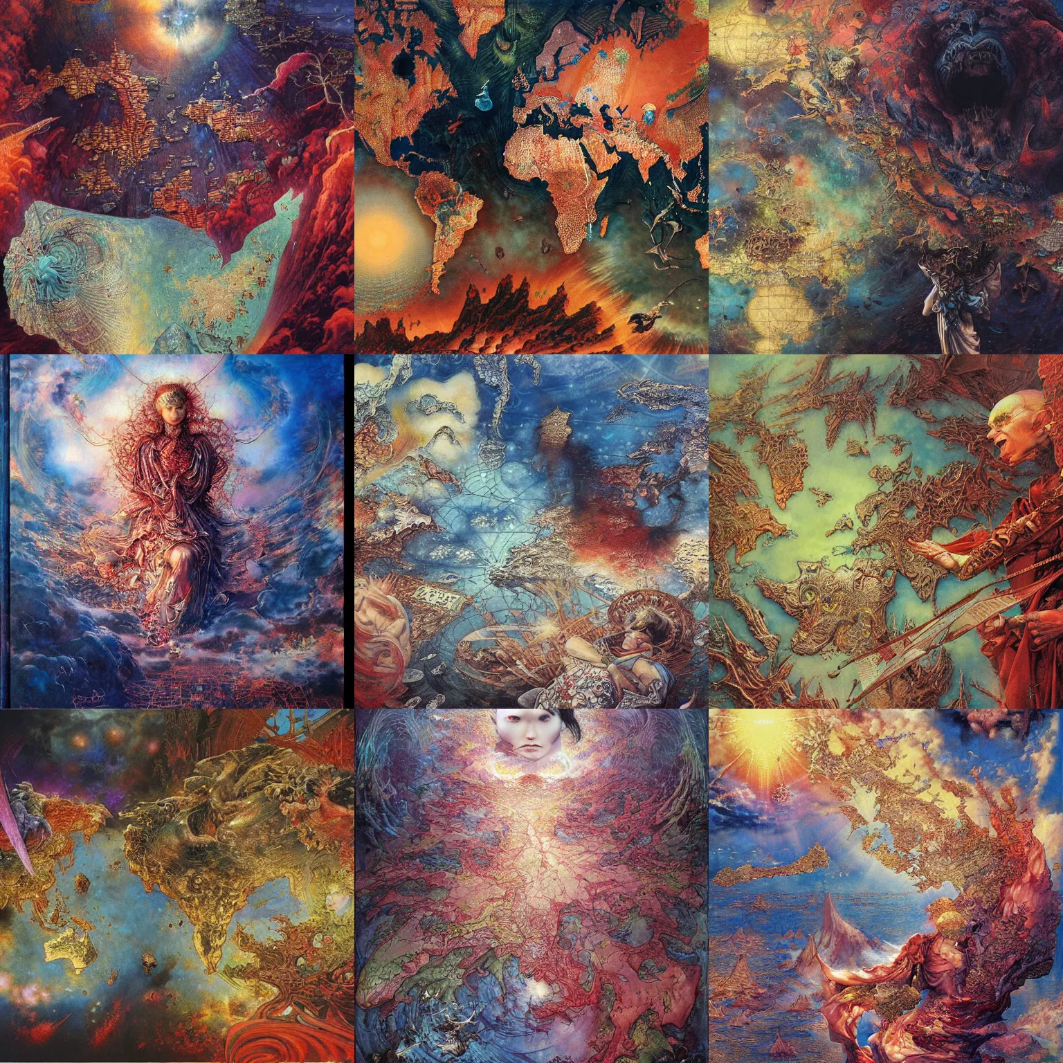 Prompt: realistic detailed image of World map in heaven by Ayami Kojima, Amano, Karol Bak, Greg Hildebrandt, and Mark Brooks, Neo-Gothic, gothic, rich deep colors. Beksinski painting, part by Adrian Ghenie and Gerhard Richter. art by Takato Yamamoto. masterpiece