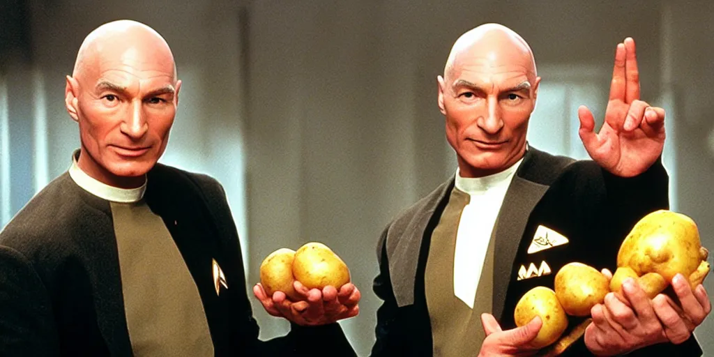 Prompt: a still from a 9 0 s tv show of captain picard from star trek holding a potato